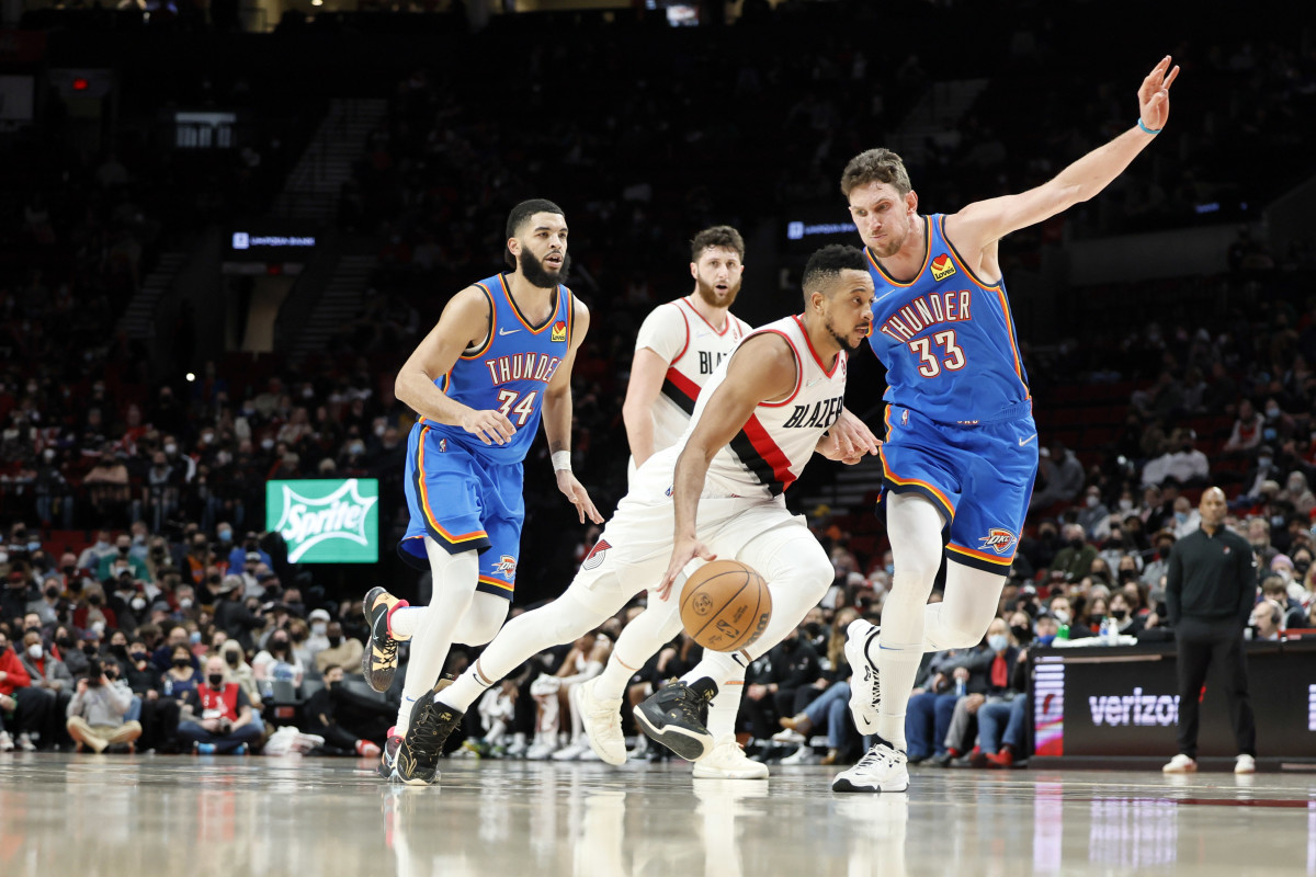 CJ McCollum, Mike Muscala, Kenrich Williams, Portland Trail Blazers
